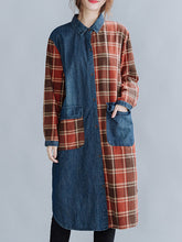 Literary Denim Plaid Stitching Mid-Length Shirt